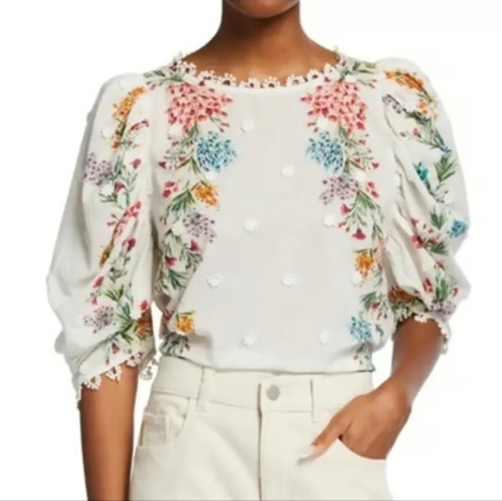 FARM RIO Louise Floral White Multi Floral Puff Sleeve Top M Like New RARE - Picture 4 of 16